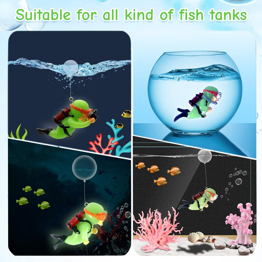 Qpets Aquarium Floating Cartoon Diver Decorations for Fish Tanks with Night Glow Resin 3×7cm | Adjustable Floating Design