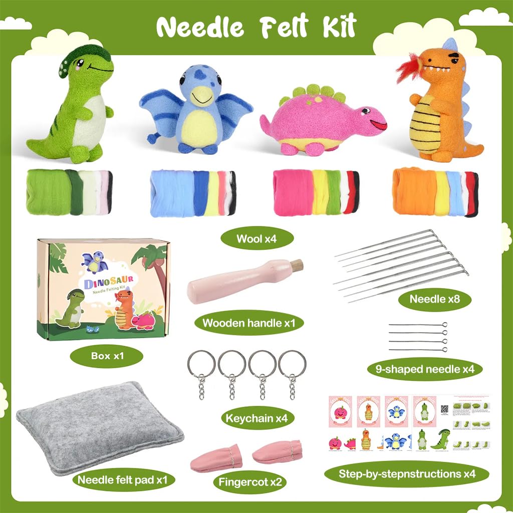 PATPAT® DIY Needle Felting Kit 4Pcs Cartoon Dinosaur Needle Felting Kit Color Wool Needle Felting Kit with Tools DIY Crafting Kit for Kids Adults DIY Children's Day Gift