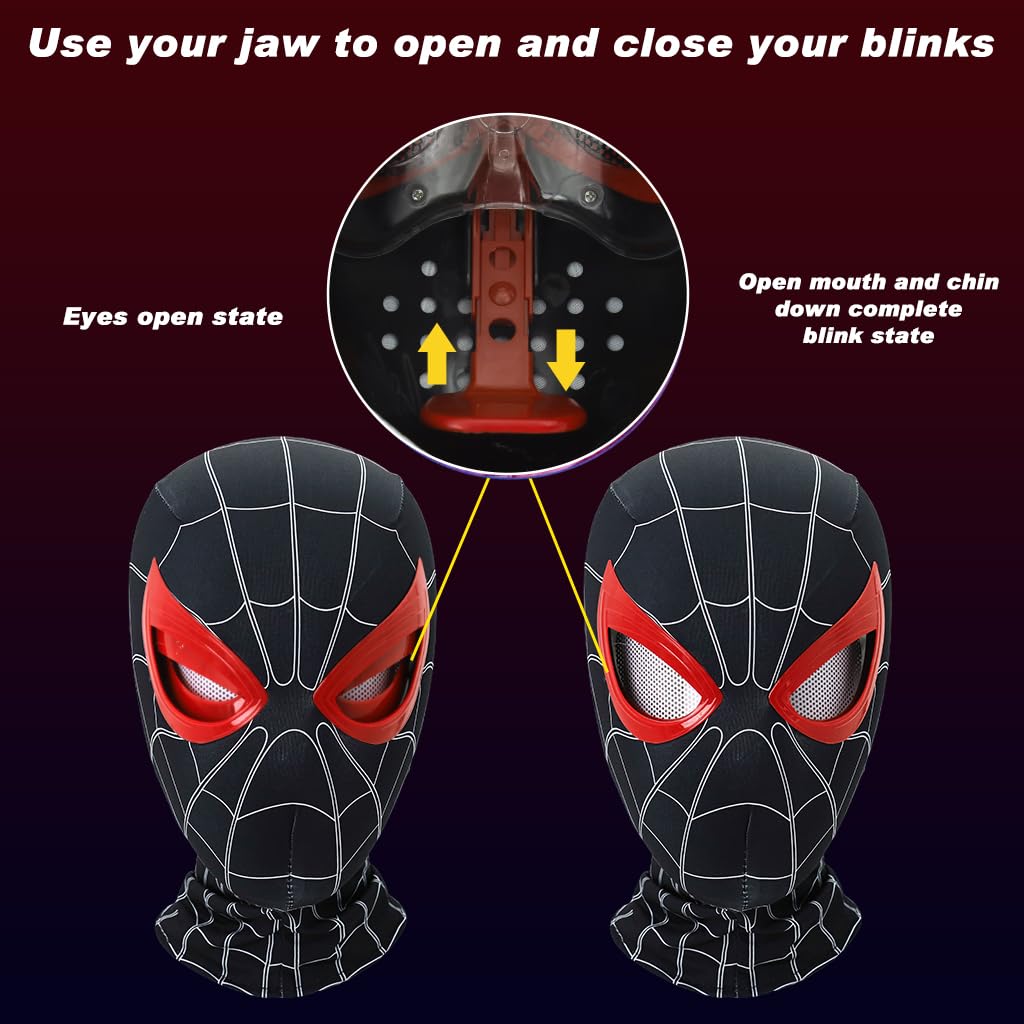 FANCYKU® Miles Morales Head Cover with Moving Eyelid 3D Realistic Super Hero Face Cover for Kids & Adult Jaw Motion Activated Blinking Eyelid Black Costume Head Cover for Cosplay Party