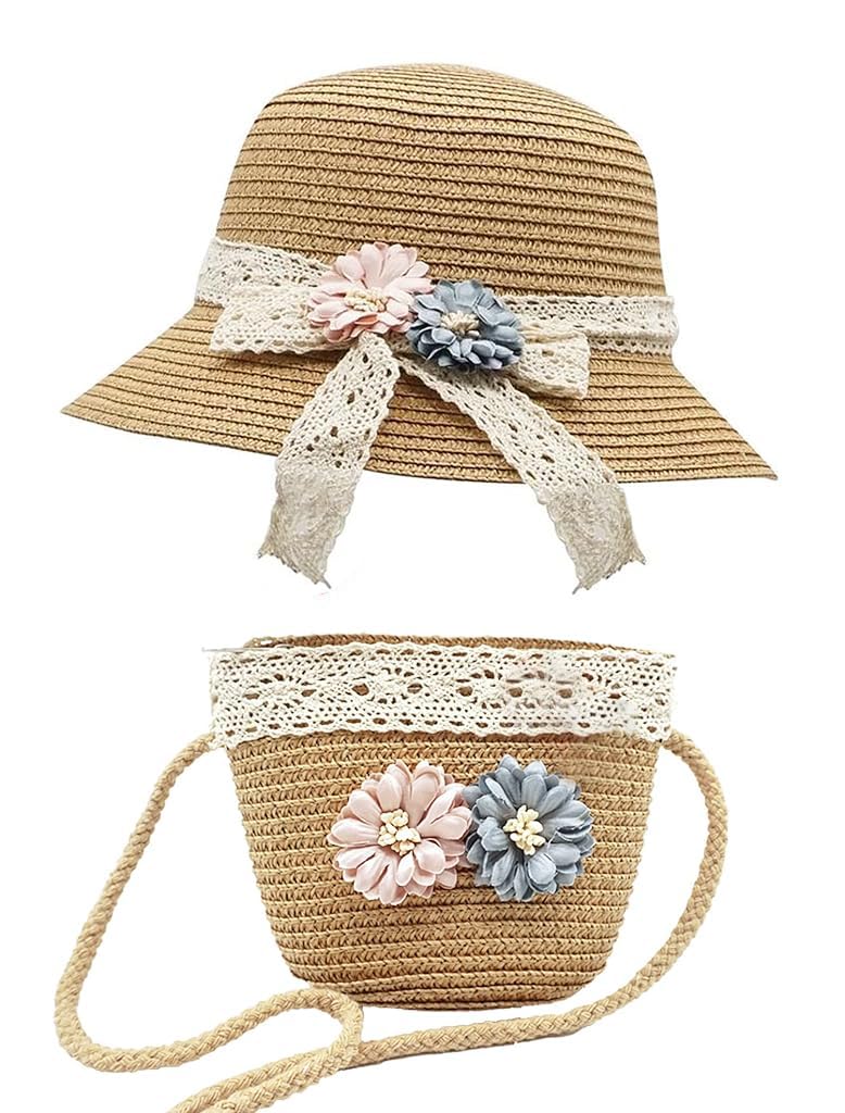 SNOWIE SOFT® Straw Hat for Kids Hat for Girls Summer Sun Hat with Mini Shoulder Bag Combo, Toddler Wide Brim Straw Girls Cap Floral Lace Bowknot Beach Hat for Girls Birthday Gift for 4-5 Years Olds