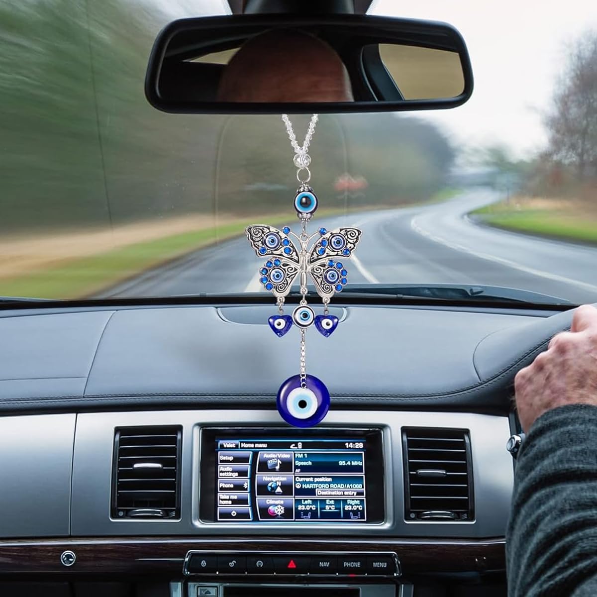 HASTHIP Butterfly Blue Evil Eye Wall Hanging for Home and Car featuring Resin Pendants | Decorative Amulet for Protection and Blessing