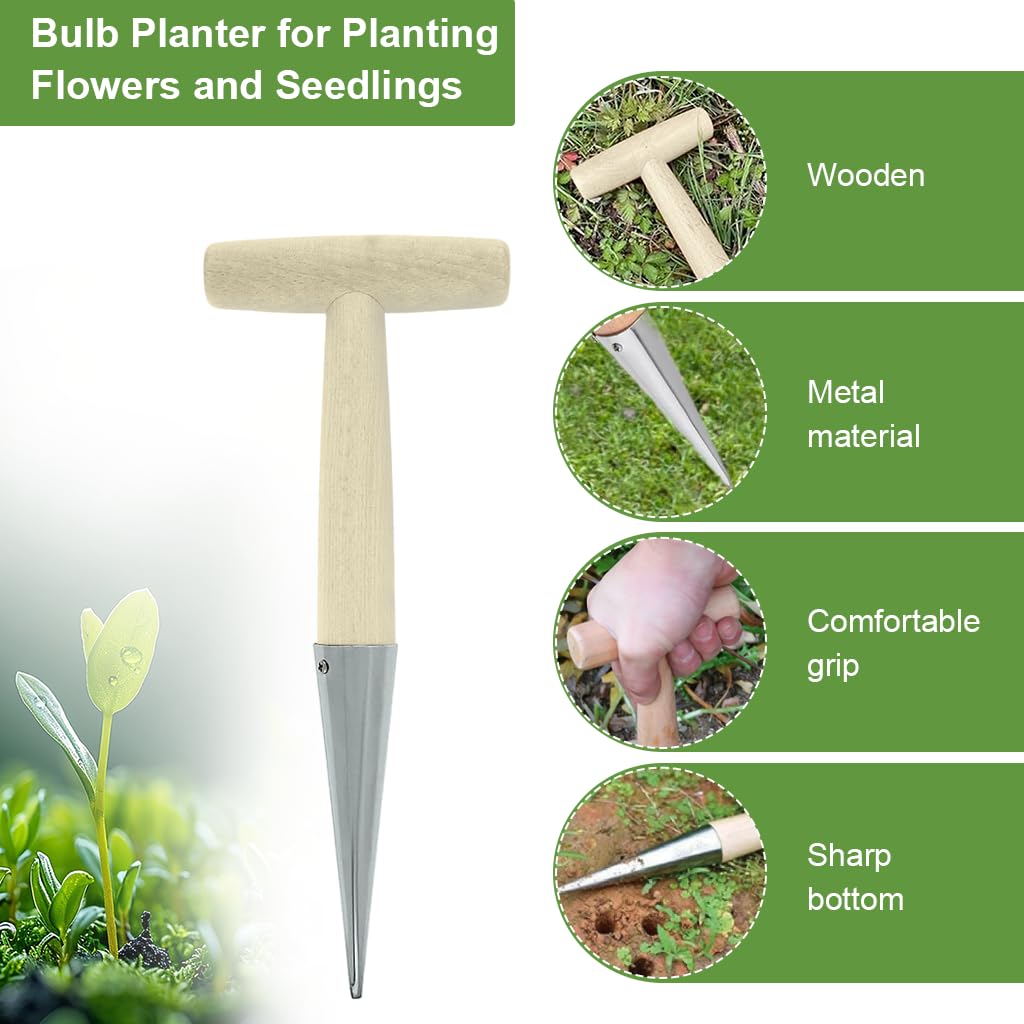 HASTHIP Dibber for Seed and Seedling Planting with 10 in Wooden Handle and Metal Tip | Ergonomic T Handle