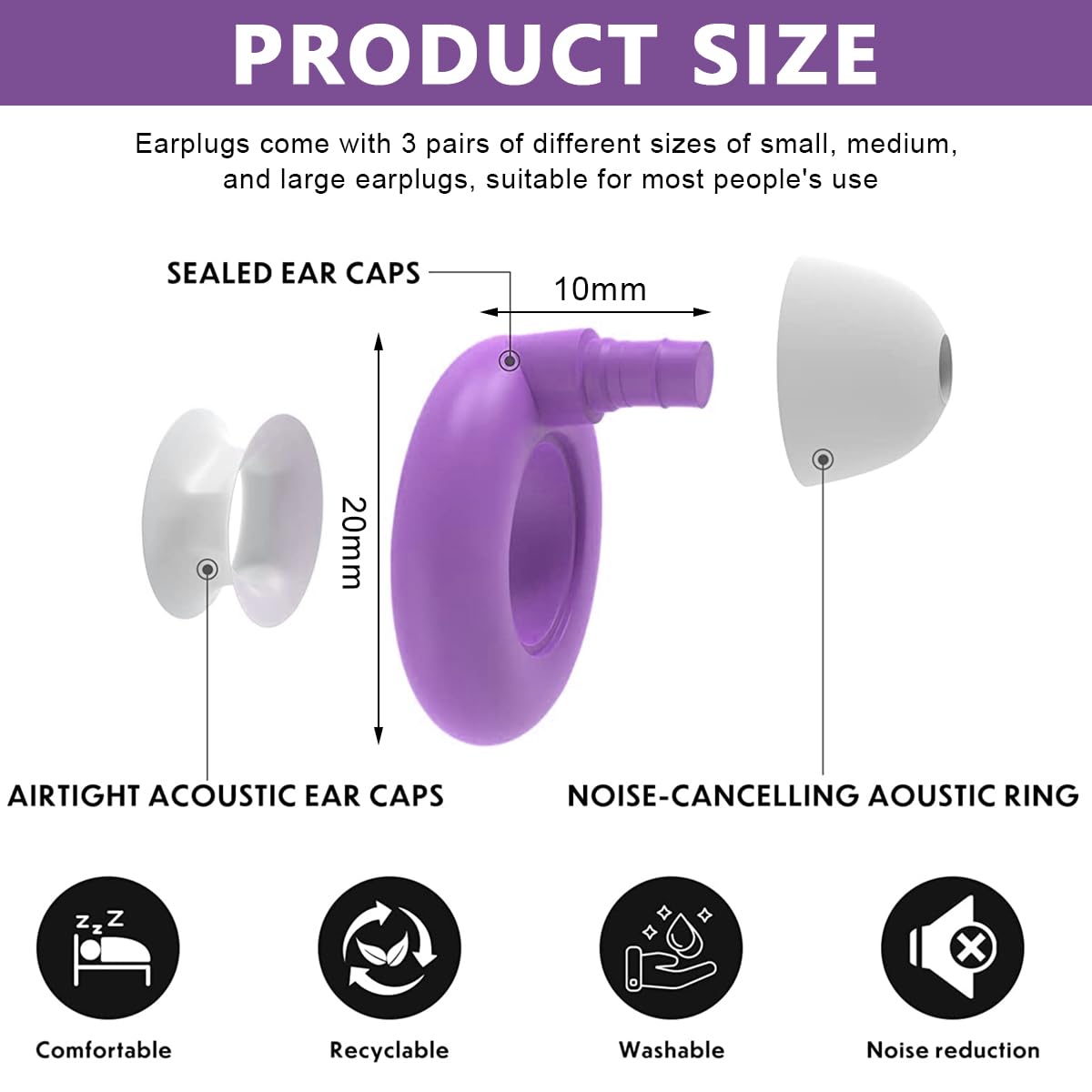 HANNEA Ear Plugs for Sleeping with 32 dB Noise Reduction Filter and Soft Silicone Tips | 3 Sizes