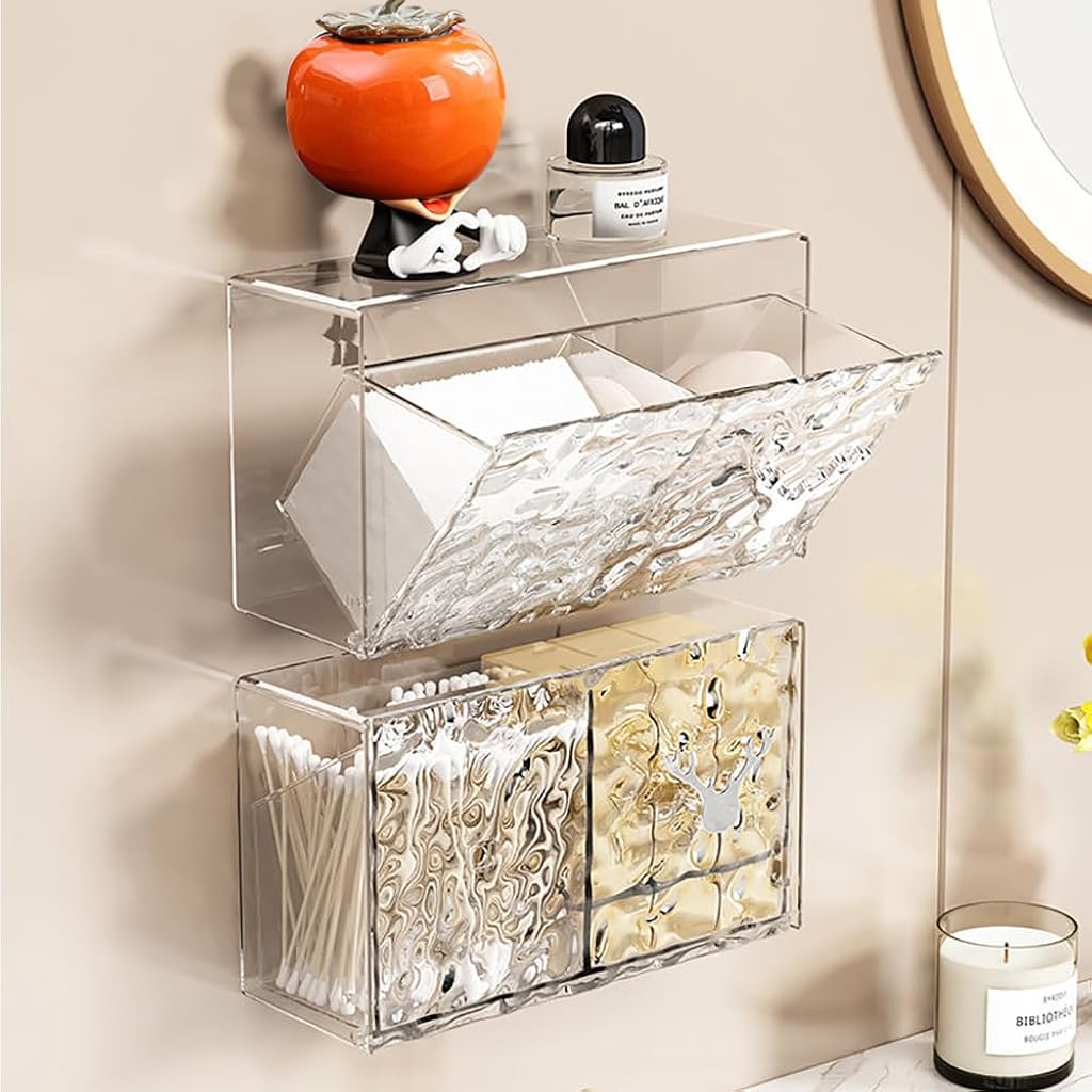 HASTHIP® Q-tip Holder Wall Mounted - Wall Organiser Flip Cover Cosmetic Organizer No Drill for Cotton Swabs, Cotton Ball Q-tip Dispenser - Transparent