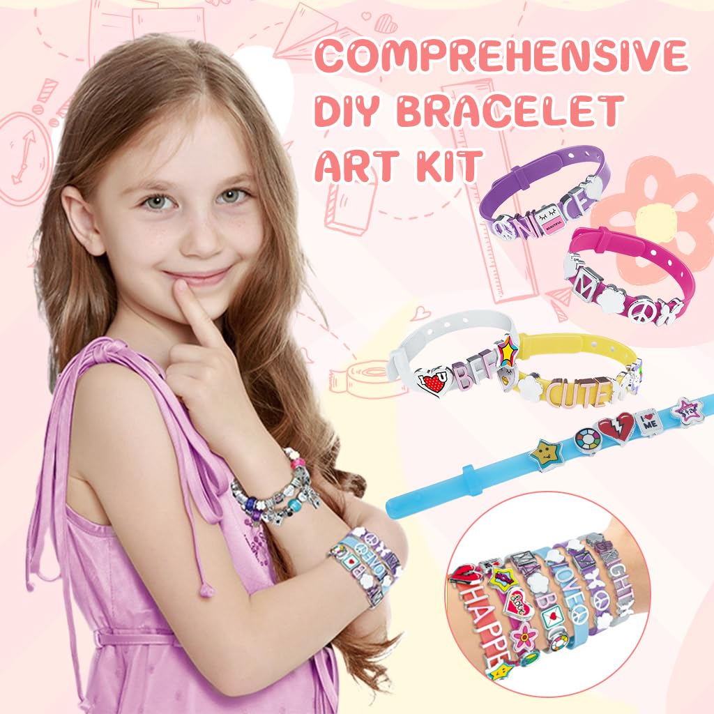 PATPAT DIY Bracelet Making Kit for Girls with 6 Silicone Bands and 48 Letter Charms | Creative Gift for Kids