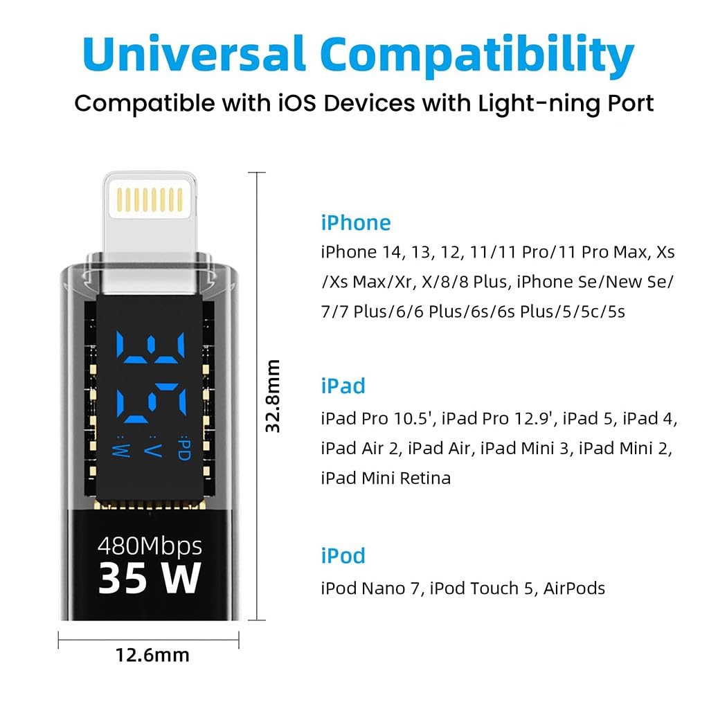 Verilux® USB C to Light-ning Adapter with LED Display, Support PD 35W Fast Charging & 480Mbps Data Sync Real Time Power Display Universal USB C to Light-ning Connector for iPhone/iPad/iPod