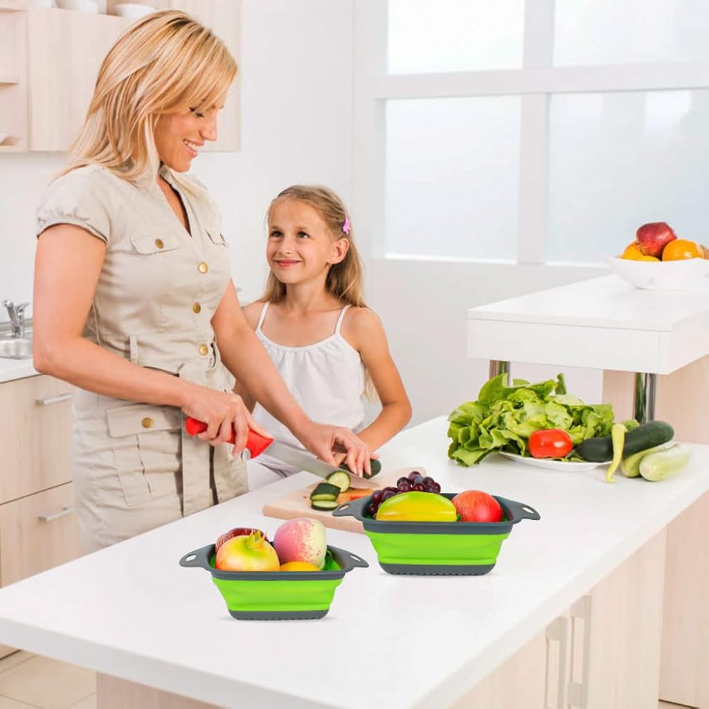 Supvox® 2-Piece Foldable Silicone Square Retractable Drain Basket Filter Set, Green-Green