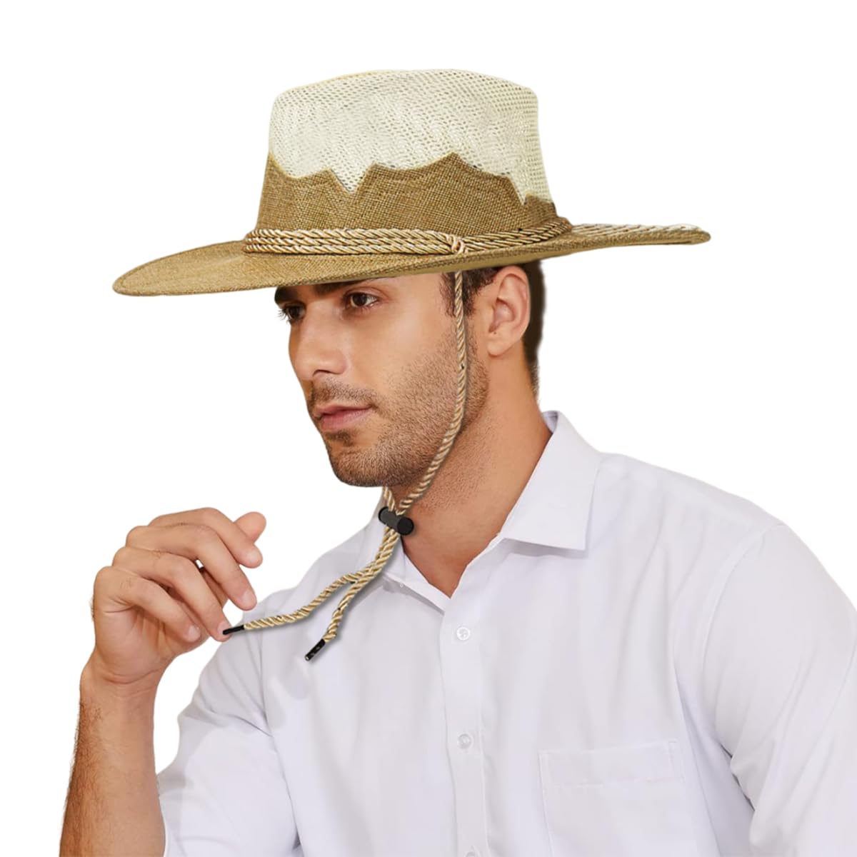 GUSTAVE Cowboy Hats for Men featuring Woven Flax Wide Brim Sun Protection and Chin Strap | Khaki Summer Style