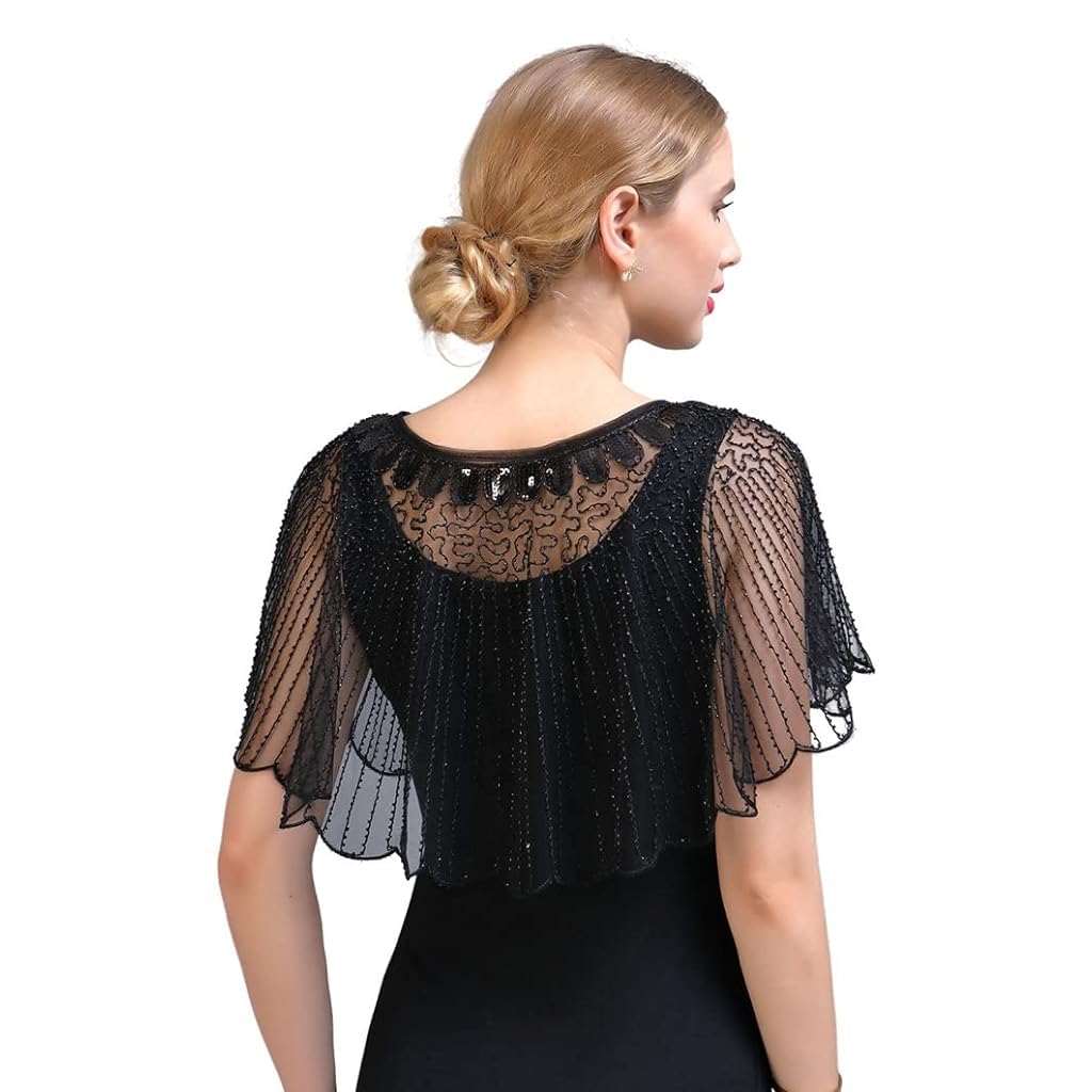 PALAY Lace Shrugs Shawl for Women Stylish Sheer Cape for Women Cover Up Wraps Black Sequin Shawl for Wedding Dress, Off Shoulder Dress, Strapless Dresses
