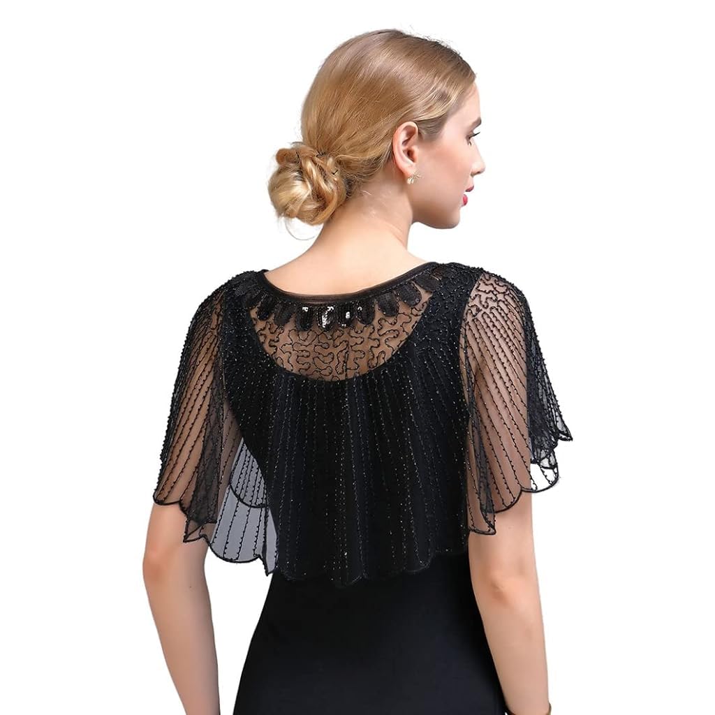 PALAY® Lace Shrugs Shawl for Women Stylish Sheer Cape for Women Cover Up Wraps Black Sequin Shawl for Wedding Dress, Off Shoulder Dress, Strapless Dresses