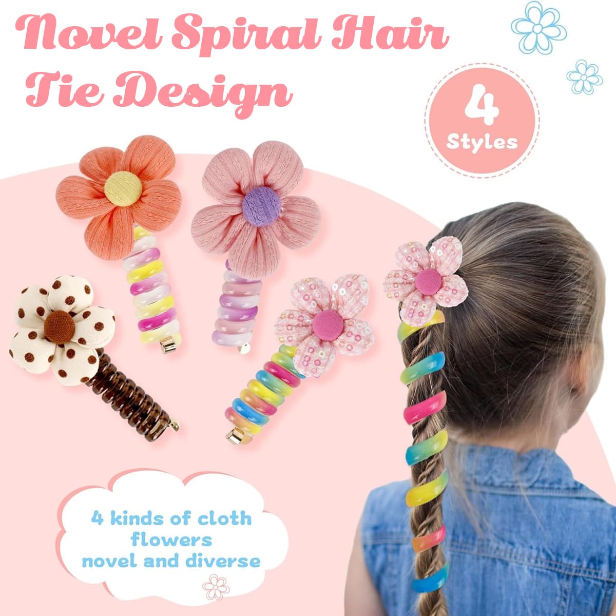 MAYCREATE Spiral Hair Ties for Girls featuring 6.7cm Spring Wire | Set of 4 Cute Ponytail Holders