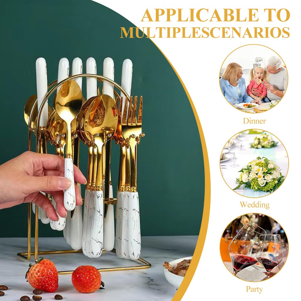 ZIBUYU Spoon Set for Kitchen with 24 Pieces and Cracked Pattern Handles | Golden Stainless Steel Cutlery