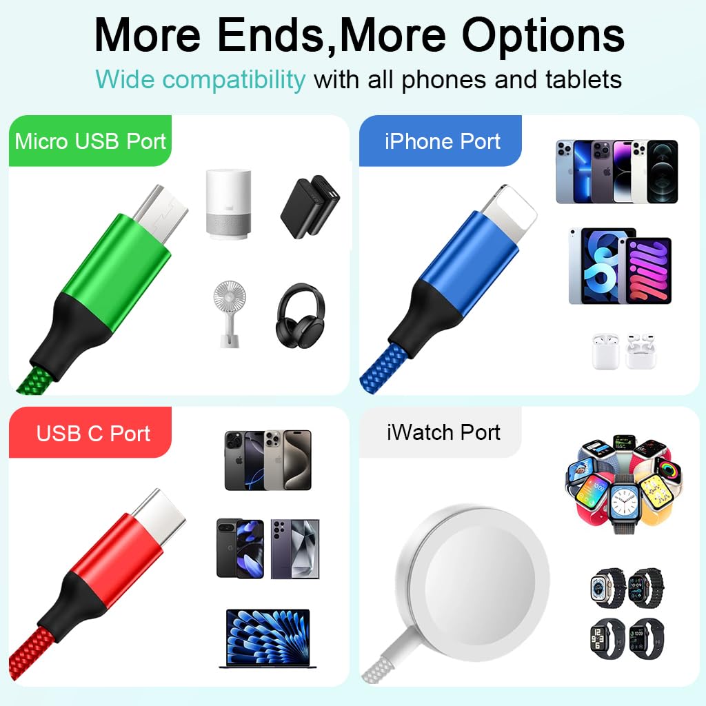 ZORBES 4 in 1 USB C Charging Cable for iPhone and Apple Watch featuring Wireless Charger | Travel Ready Multi Connector Cord
