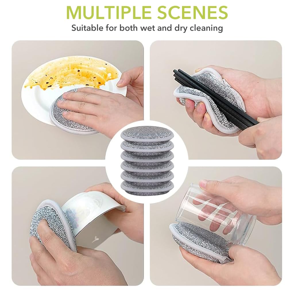 Supvox® 6Pcs Kitchen Dish Washing Sponge Cloth Double Side Stainless Steel Wire 4.7 Inches Round Kitchen Cleaning Rags with Hanging Loop Multipurpose Wet and Dry Use Non-scratch Kitchen Scrubbing Pads