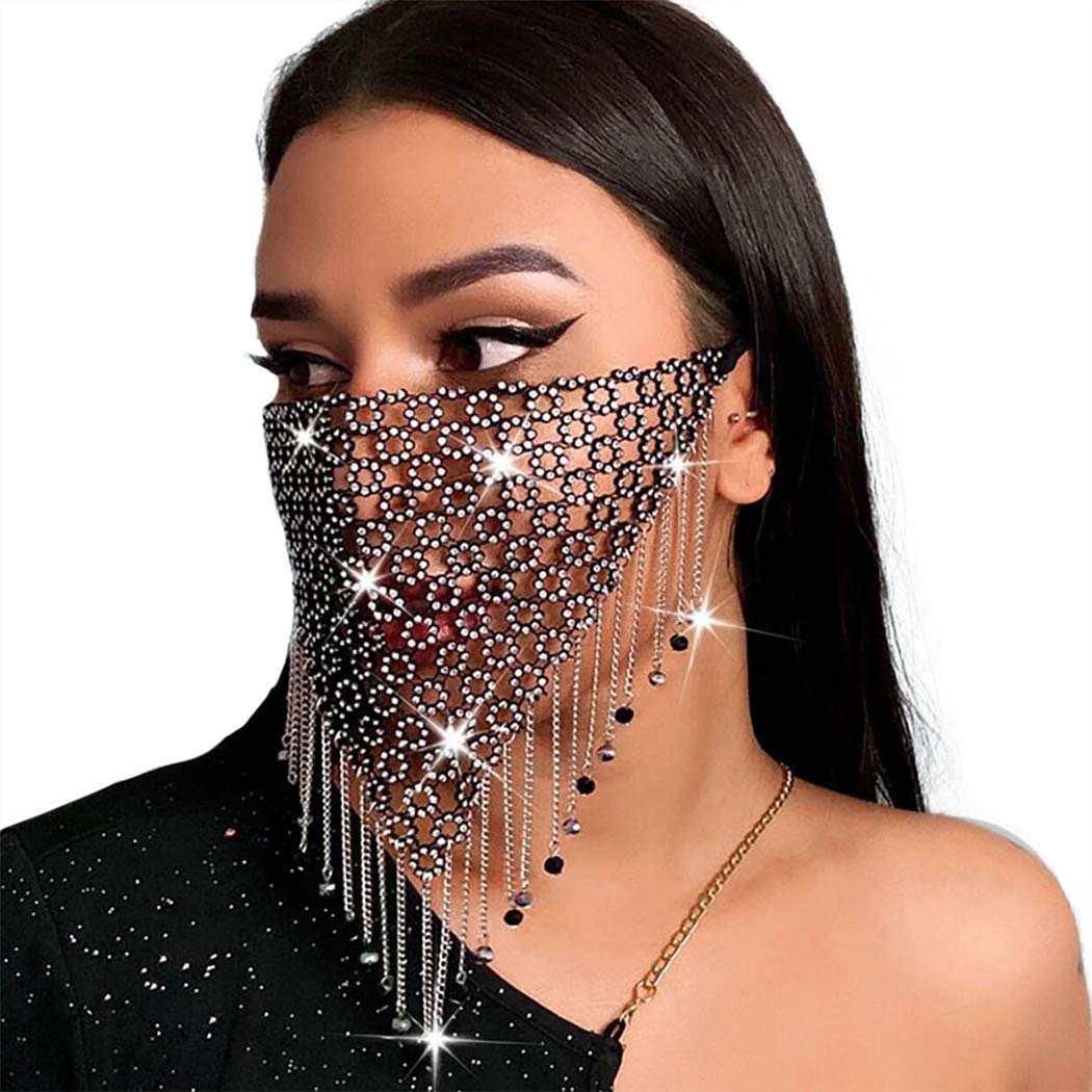 PATPAT® Tassel Mask for Women, Masquerade Masks, Sparkly Crystal Metal Mesh Mask, Black Tassel Beads Chain Masks for Performance, Prom, Costume Party Festival Rave, Masquerade Party