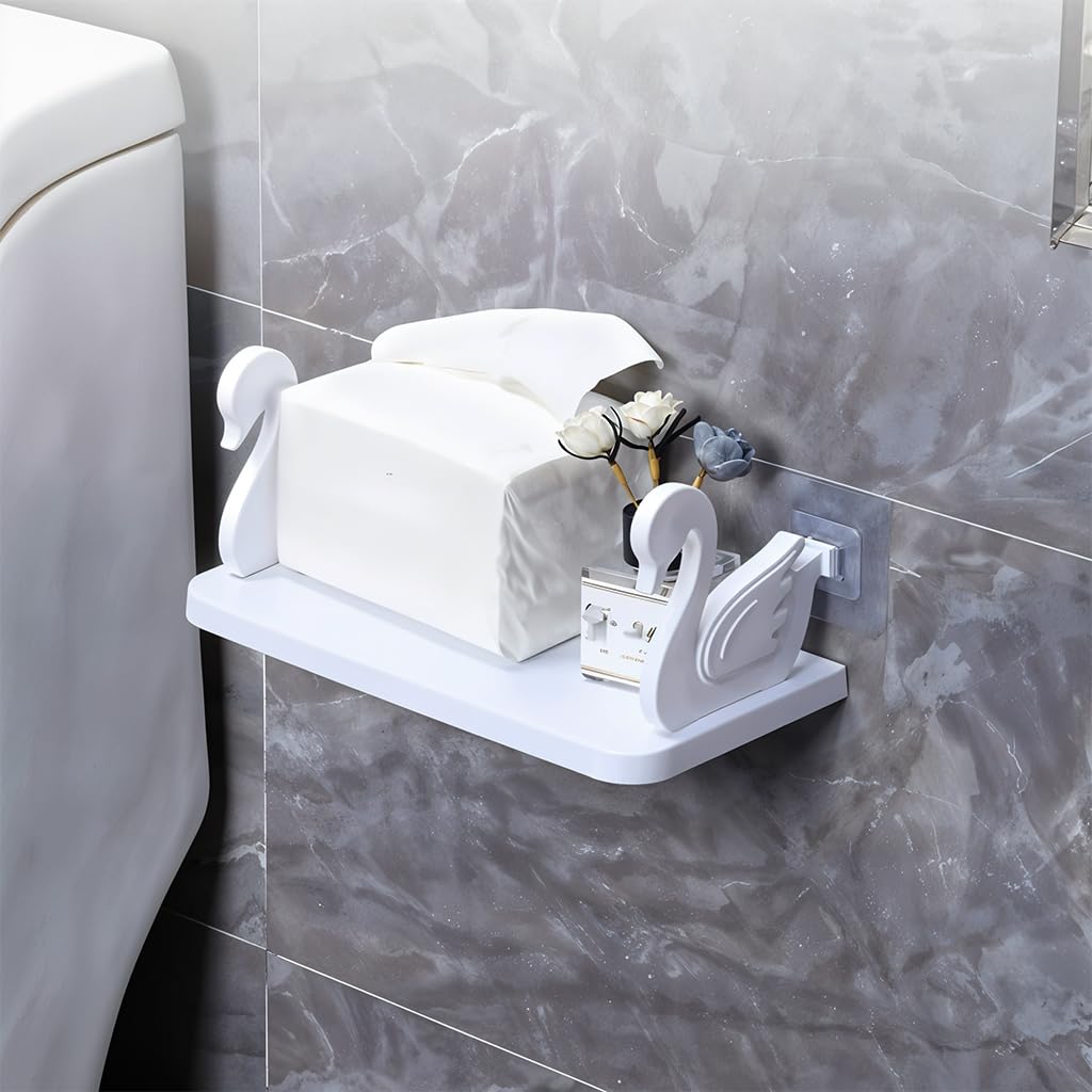 HASTHIP Wall Shelf for Bathroom and Kitchen Storage with Self Adhesive Mount | White Little Swan Design 25x13x2.3cm