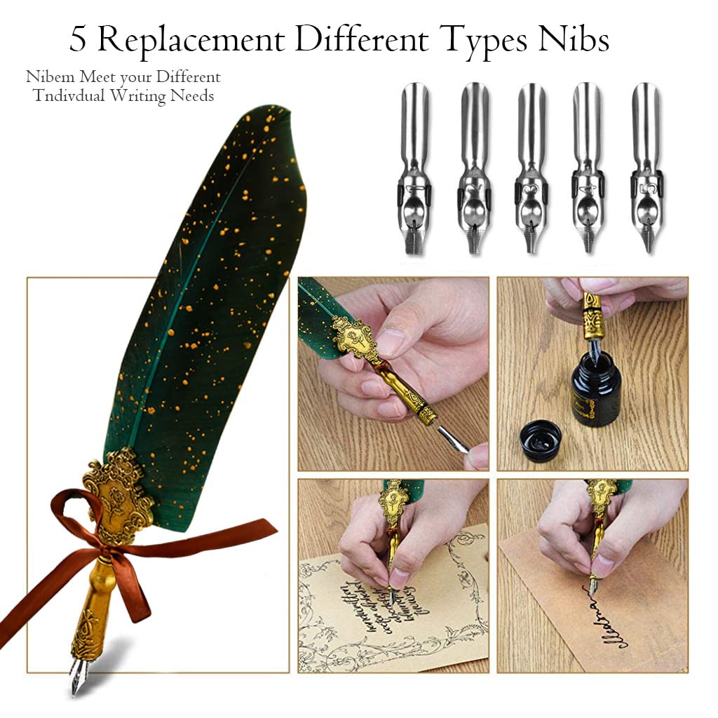 HASTHIP Quill Pen and Ink Set for Calligraphy with 5 Nibs and Wax Seal Kit | Green Feather