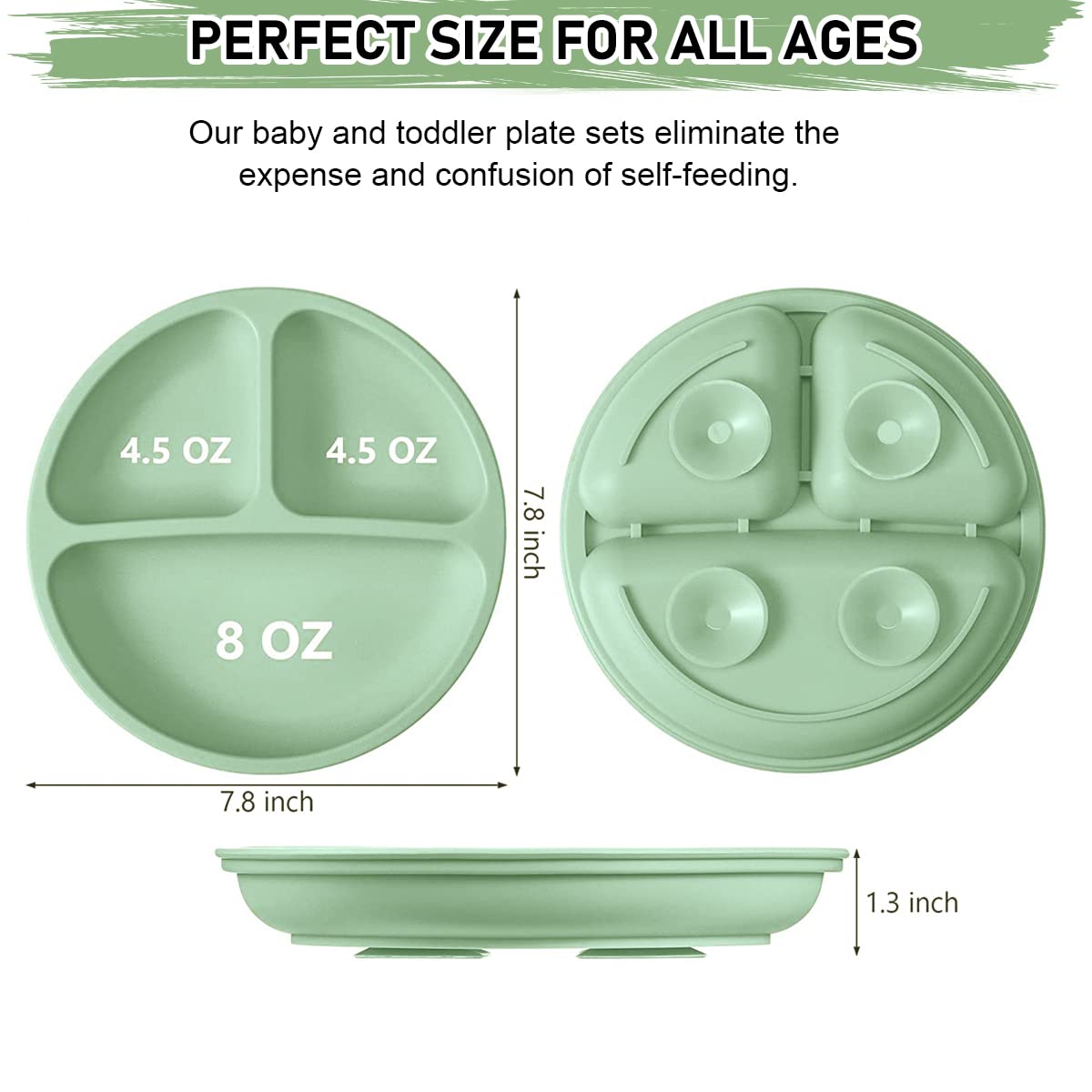 SNOWIE SOFT Baby Suction Plates for Feeding with 4 Strong Cups Silicone Green 2PCS