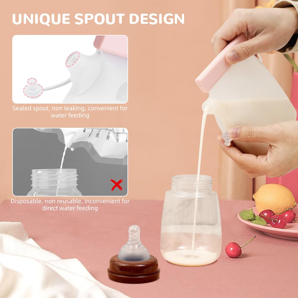 SNOWIE SOFT Breast Milk Storage Bags 320 ml for Baby Feeding with Double Seal Nozzle | BPA-Free Silicone Pink Set