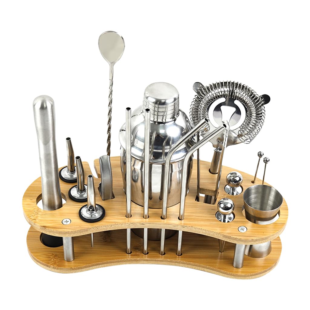 Supvox Cocktail Shaker Set for Home and Bar with Bamboo Stand | 19Pcs 550ml Stainless Steel Tools