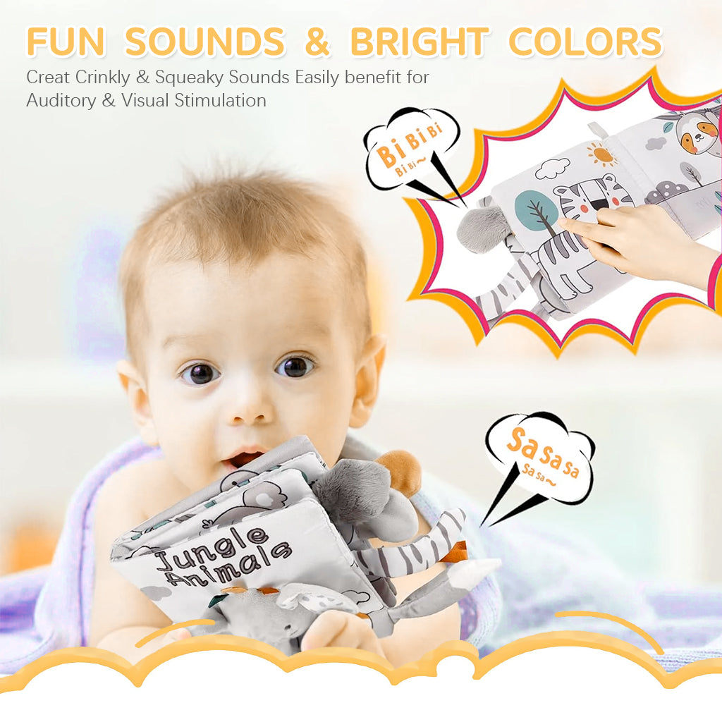 SNOWIE SOFT Baby Cloth Book Cartoon Fluffy Elephant Toy Cloth Book Sensory Book Built in Squeaky Toy Baby Cloth Early Sensory Toy Book Sensory Book Gift Toy for Baby Toddler 3-12 Months