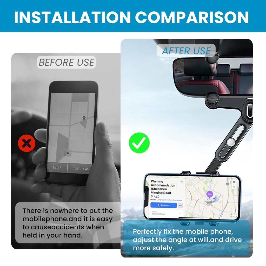 STHIRA Rearview Mirror Phone Holder for Car with 360° Rotation and 4-Claw Grip | Retractable Arm