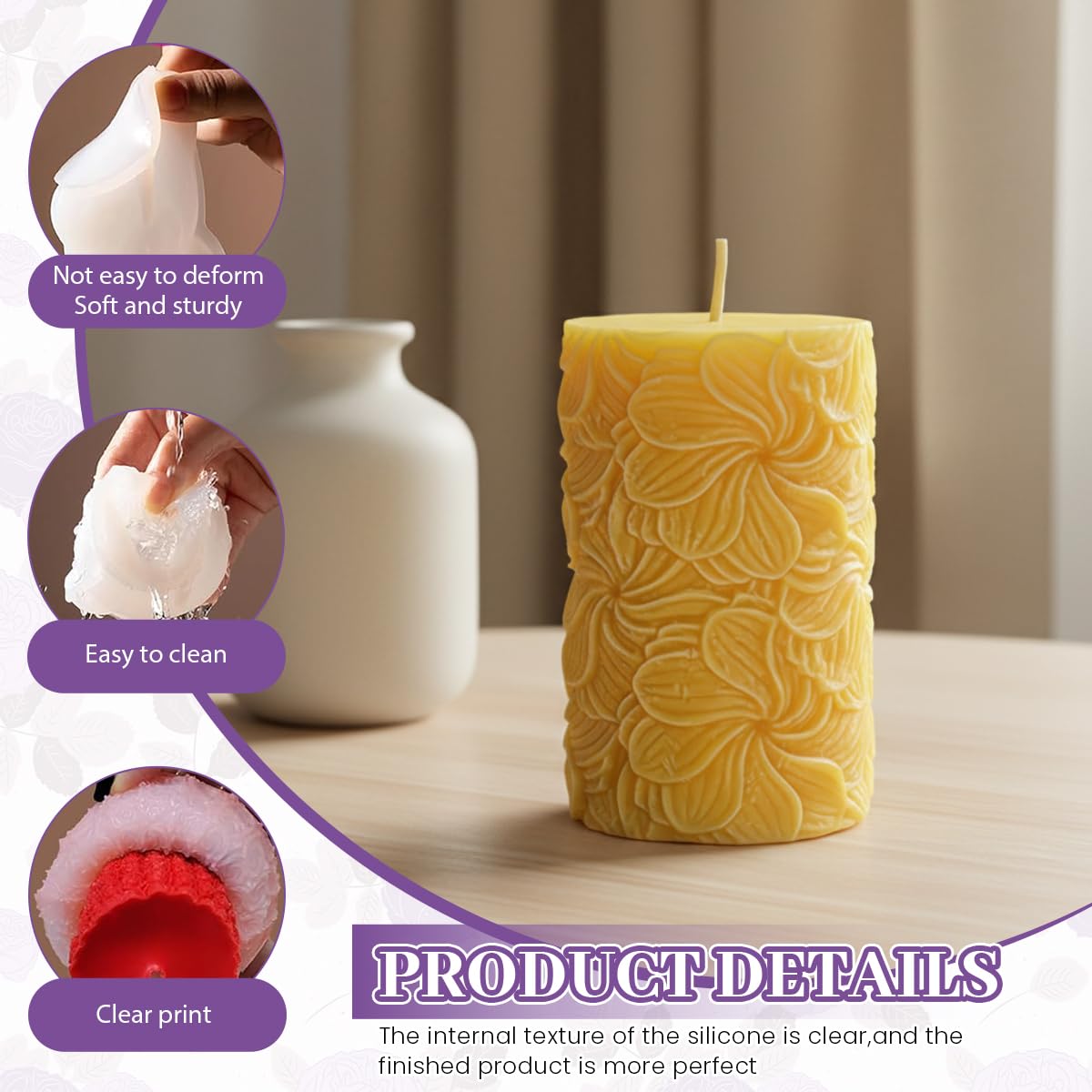 HASTHIP Flower Petal Cylinder Candle Mold for DIY Crafts with 3D Rose Design 7.3×10.8 in Silicone