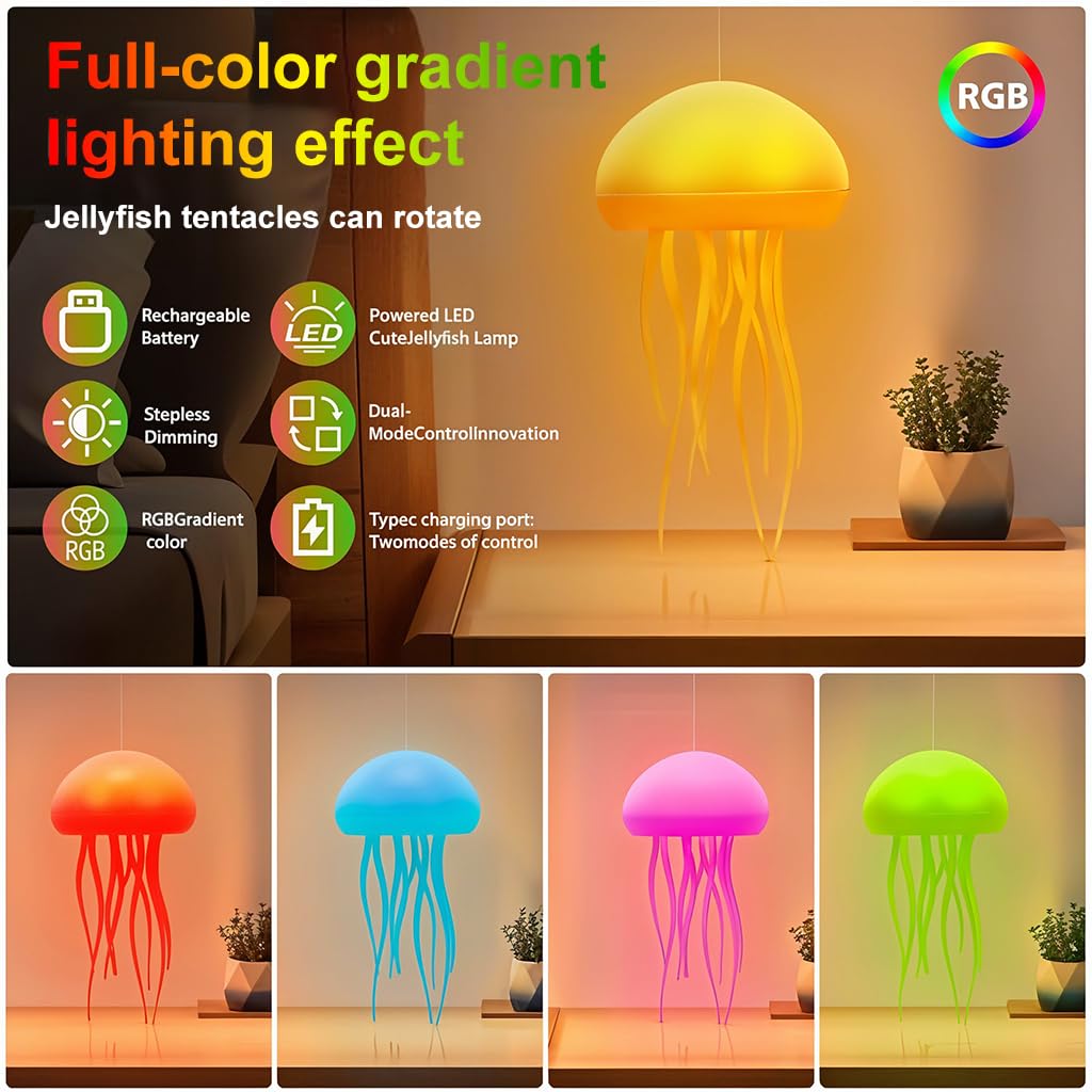 ELEPHANTBOAT Cotton LED Jellyfish Lamp for Bedroom Decor with 72 RGB Colors & 9 Tentacles | USB Rechargeable Voice Control Night Light