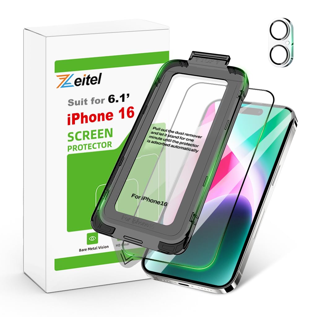 ZEITEL Screen Protector for iPhone 16 with 9H Tempered Glass and 2 Step Auto Alignment | HD Anti Glare Touch Sensitive Design