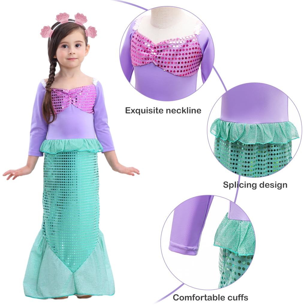 Venzina Mermaid Princess Costume for Girls with Wig and Headband | Ideal for Halloween and Birthday Parties Ages 4–5