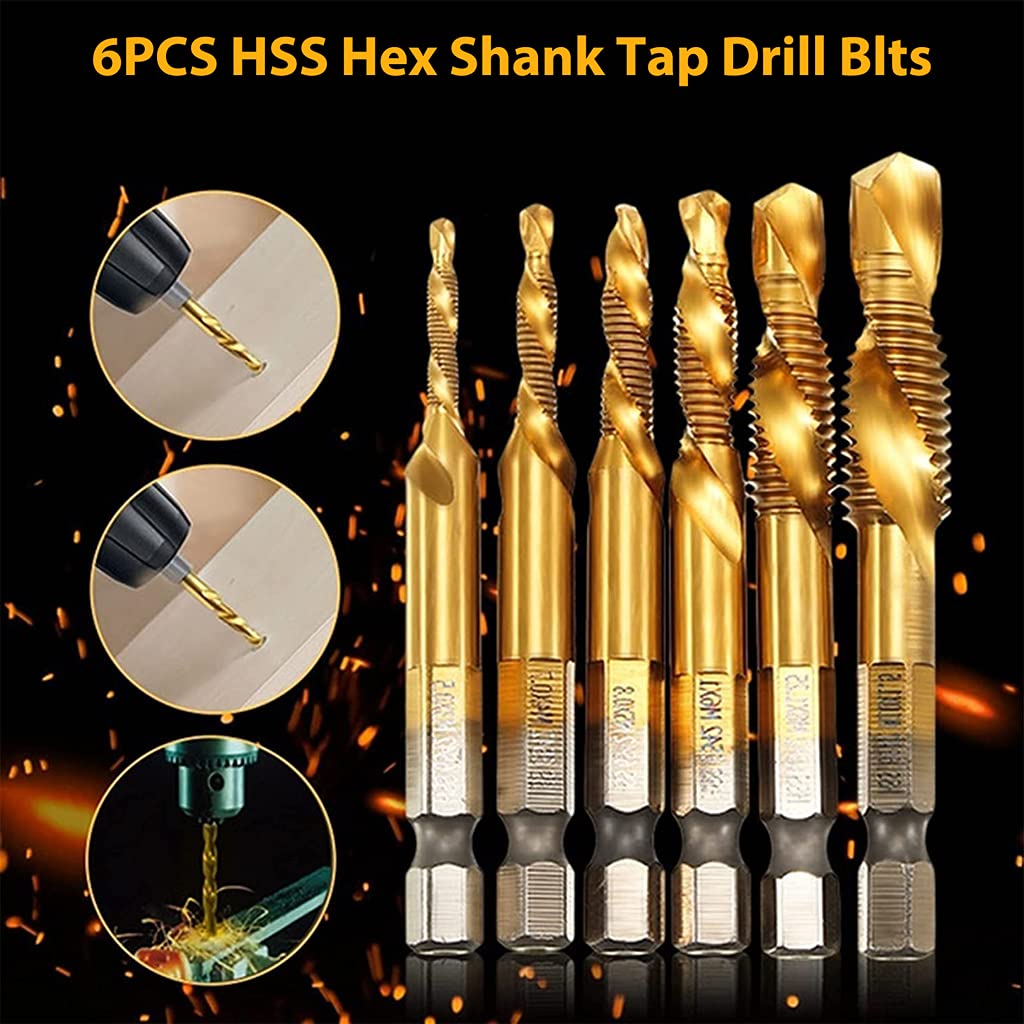 HASTHIP® 6 Pack Spiral Hex Shank Combination Drill Screw Tap Bit Set (M3-M10), Tap Drill Bits Threading Drill Bit Threading Bit Tool for Drilling, Tapping, Cutting on Soft Metal, Aluminum Plate