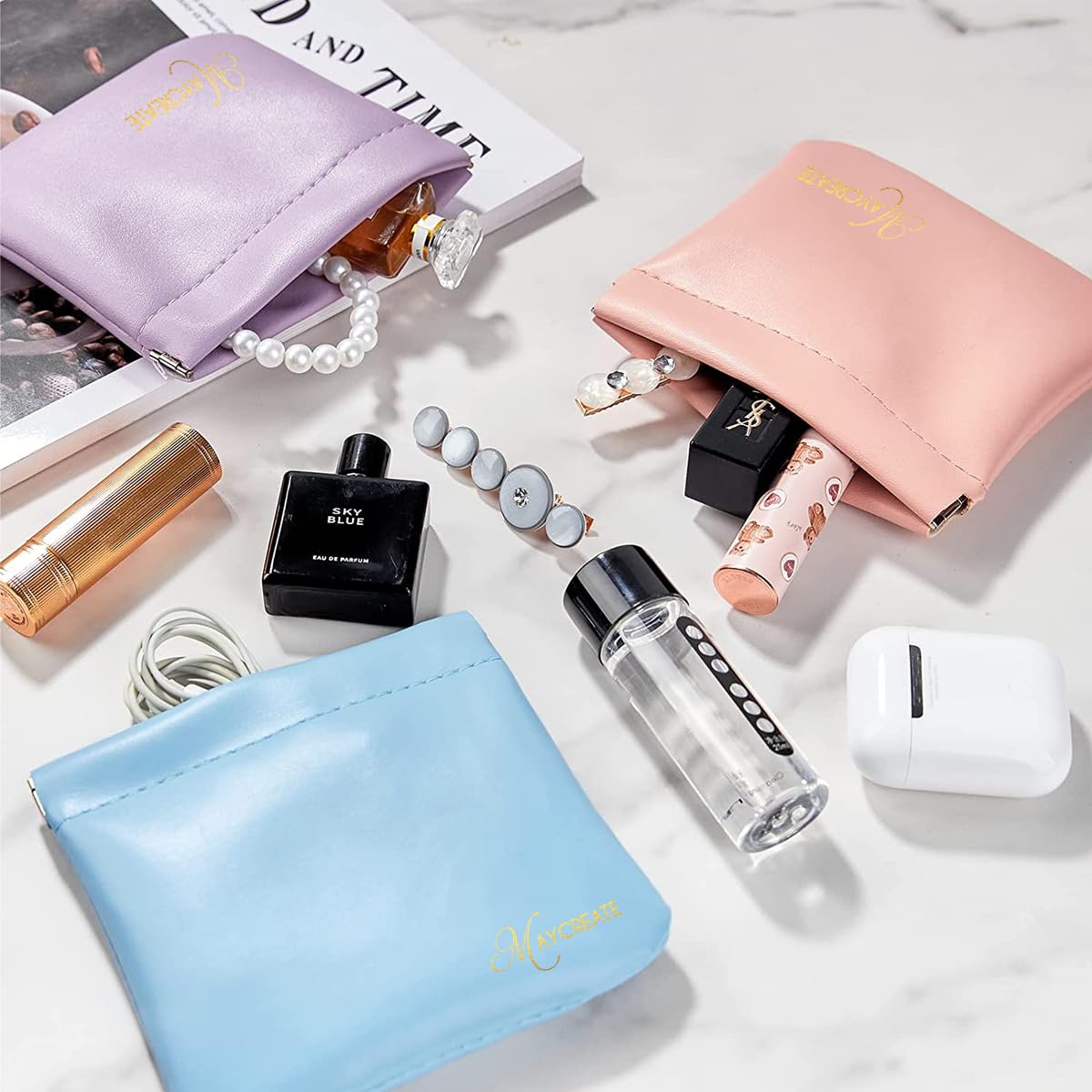 MAYCREATE Mini Makeup Bag for Travel with Self Closing Design 4 Pack 4.3x4.7 in PU Pouches