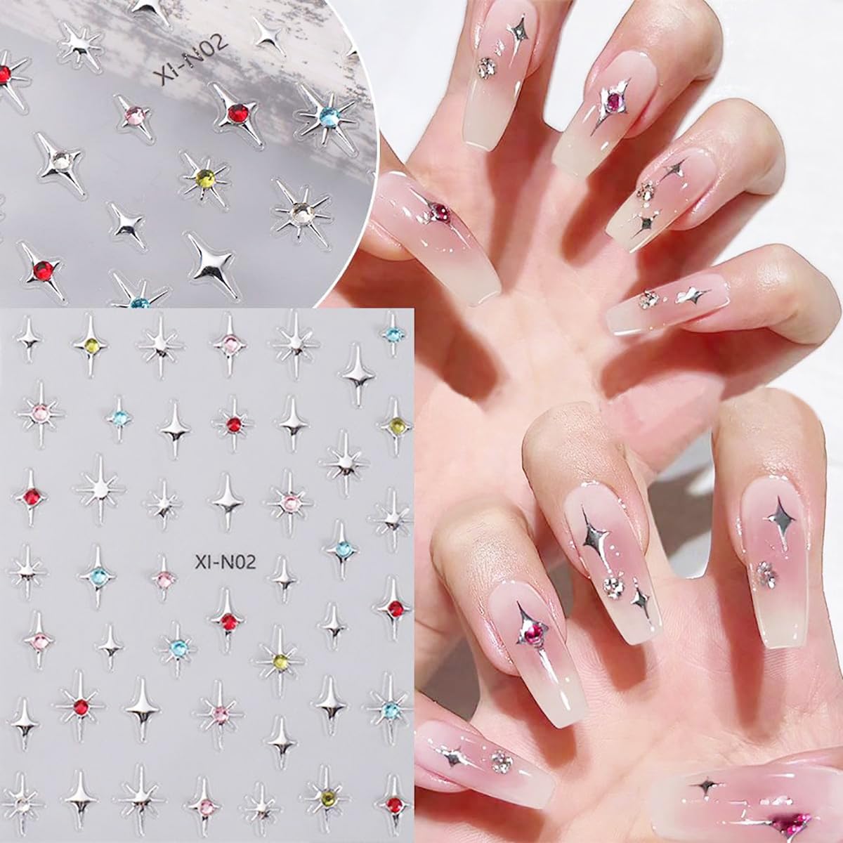 MAYCREATE® 6 Sheets Star Nail Stickers Y2K Nail Art Decal Stickers, 3D Galaxy Stars Nail Art Design Decals Self-Adhesive Star Stickers DIY Nail Decals Nail Tips for Nail Extension Decoration