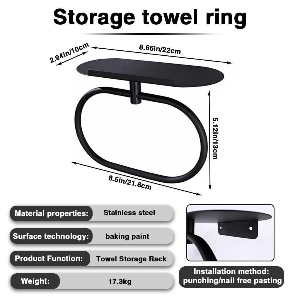 HASTHIP Round Towel Ring with Shelf for Bathroom and Kitchen featuring Self Adhesive Wall Mount | Space Saving Steel Organizer