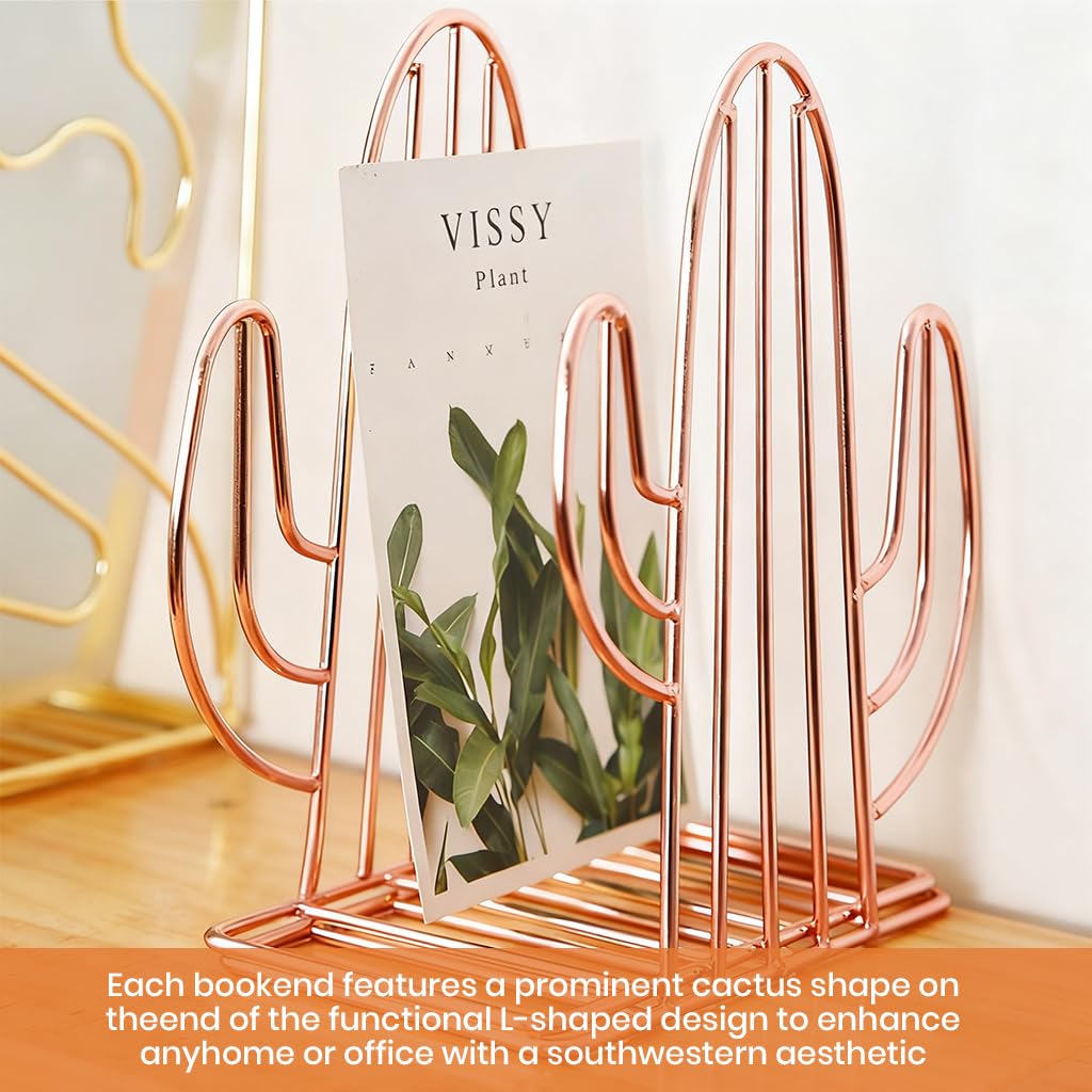 ZIBUYU Bookends for Home and Office with Non Slip Base featuring Brass Cactus Design | Golden Decorative Organizer
