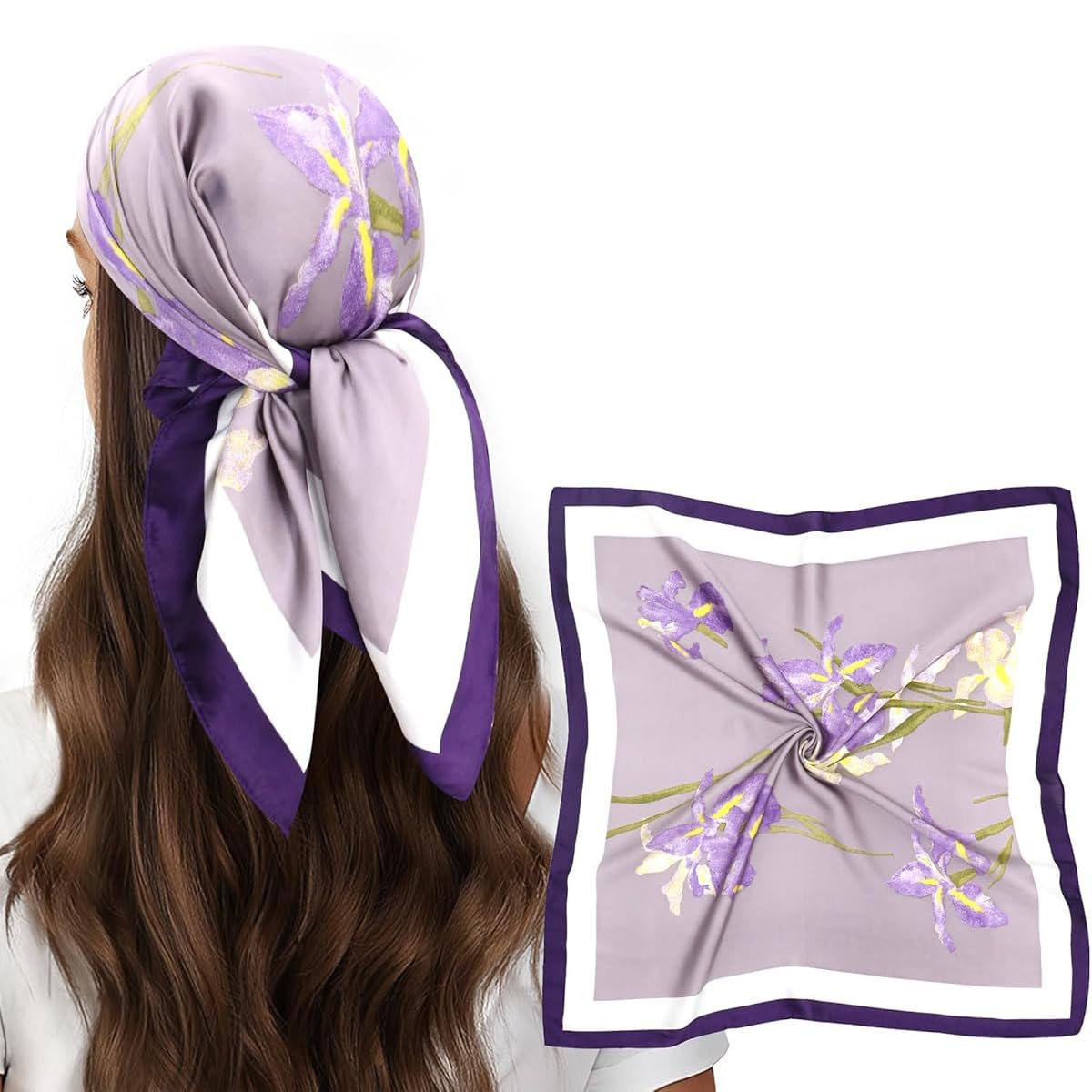 SANNIDHI Neck Scarf for Women featuring Purple Iris Floral Print and 27.5 in Square Design | Silk‑Like Lightweight Accessory