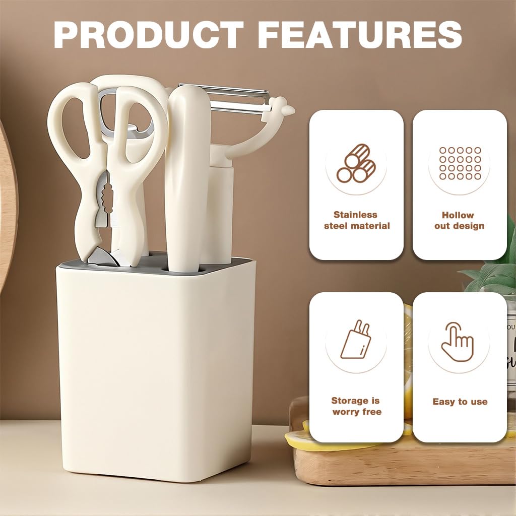 Supvox Kitchen Utility Tools 5 in 1 Set with No Drill Wall Organizer and Ergonomic Handle | Stainless Steel Shears and Fruit Cutter
