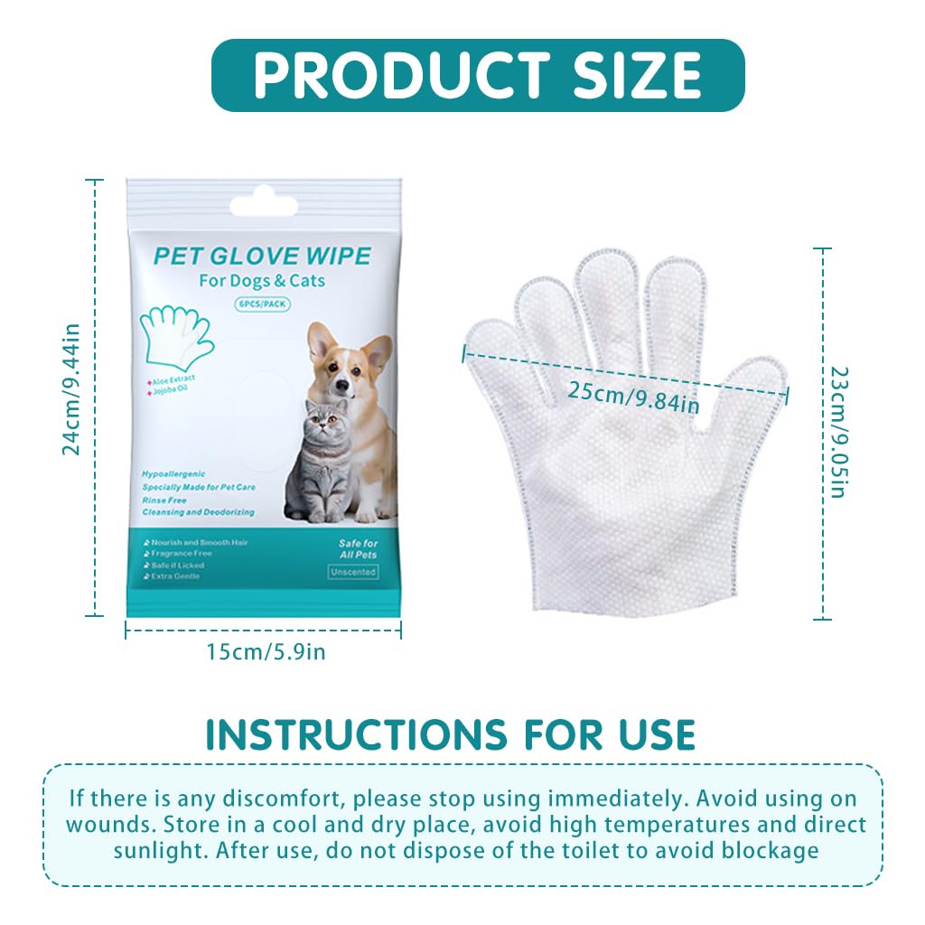 Qpets® Pet Wipes Gloves, 6Pcs Pet Cleaning Gloves Disposable Dry Cleaning Tool, Cats and Dogs Grooming Wipes Gloves Skin Friendly for Wipe Claws, Ear, Feet, Butt