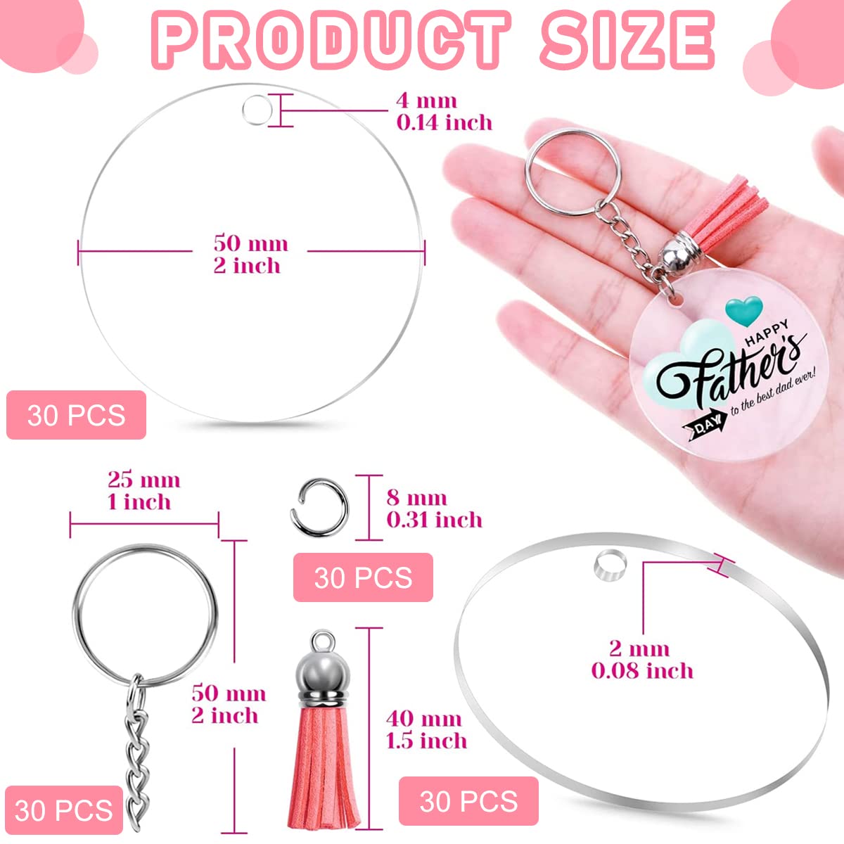 SANNIDHI Acrylic Keychain Blank Circle Kit, 120pcs Clear Keychains Set, Including 30pcs Acrylic Blanks, 30pcs Colorful Tassels, 30pcs Key Chain Rings, 30pcs Jump Rings for DIY Vinyl Crafts