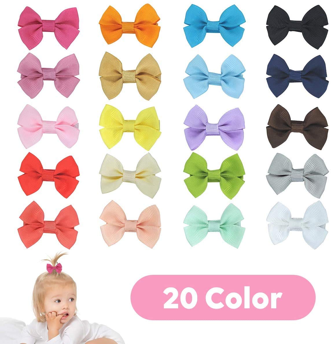 PALAY  20 Hair Clips Mini Hair Bow Grosgrain Ribbon Hair Bows with Alligator Clips for Baby Girls Toddlers Kids, 20 colors(2.4 Inch)