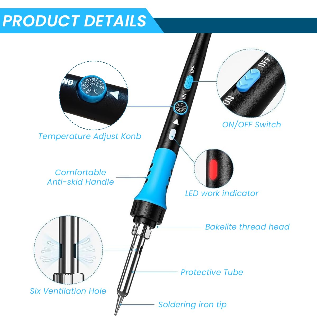 Serplex Soldering Iron Kit for Electronics Repair with 200–450°C Control and 5 Tips | Heat‑Resistant Silicone Handle