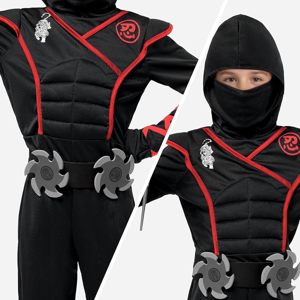 PATPAT Kids Ninja Costume Set for Halloween with Toy Props and Red Accents | Size 110