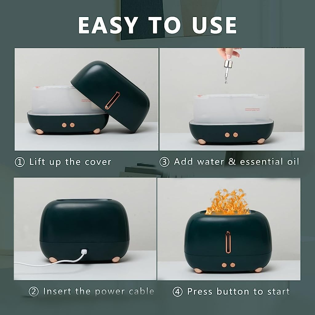 HANNEA Flame Humidifier for Room with 250ml Tank and 3 Color Ultrasonic Mist Light | Auto-Off