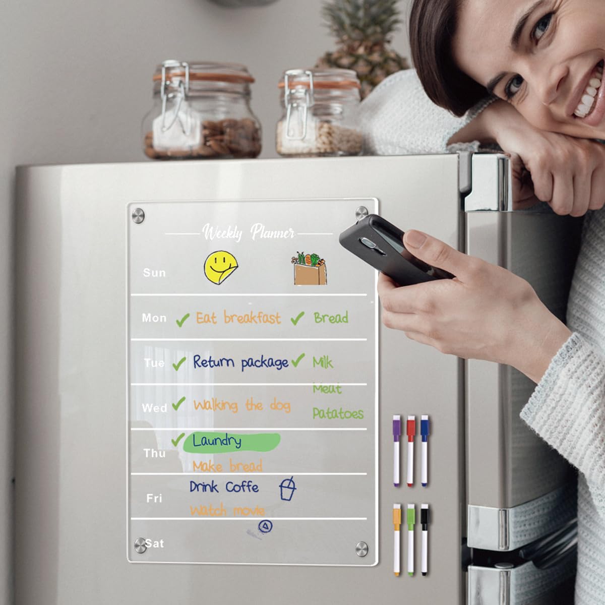 Venzina Acrylic Glass Board Weekly Planner for Fridge with 6 Color Pens 11.69x8.27 in | Clear Magnetic Meal Calendar for Kitchen