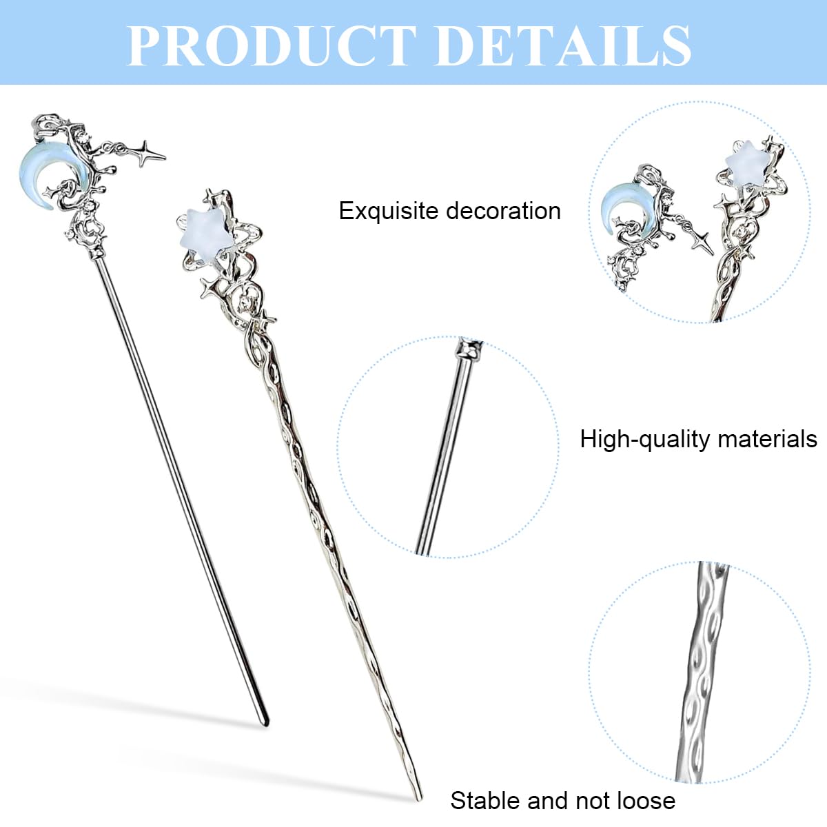 SANNIDHI Hair Sticks for Bun with 7 in Crescent Star Charm Metal Alloy Design | Women Updo Accessory