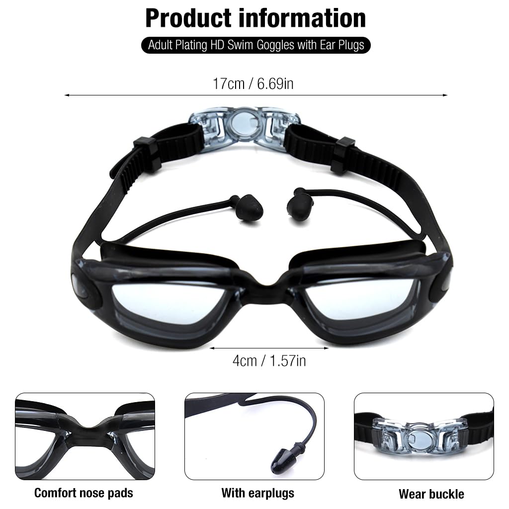 Optifit Adult Swim Goggles for Men and Women with Ear Plugs featuring Anti Fog Lens | Black