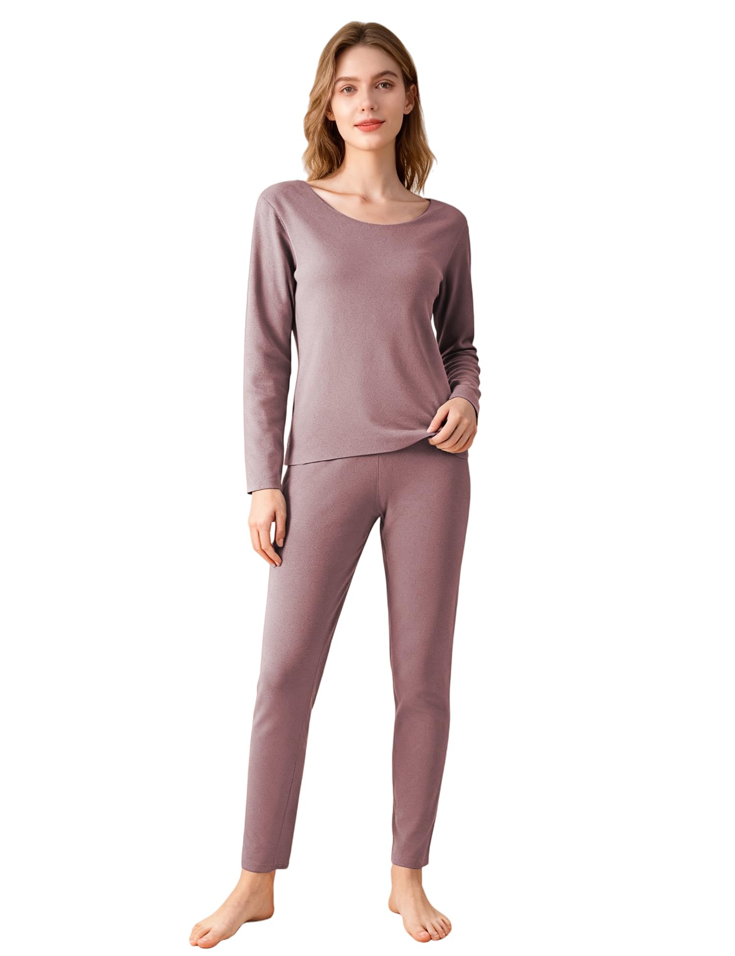 Venzina Women's Seamless Thermal Wear Set for Cold Weather with Double-Sided Fleece | Ultra Soft Crew Neck Base Layer in Coffee XL