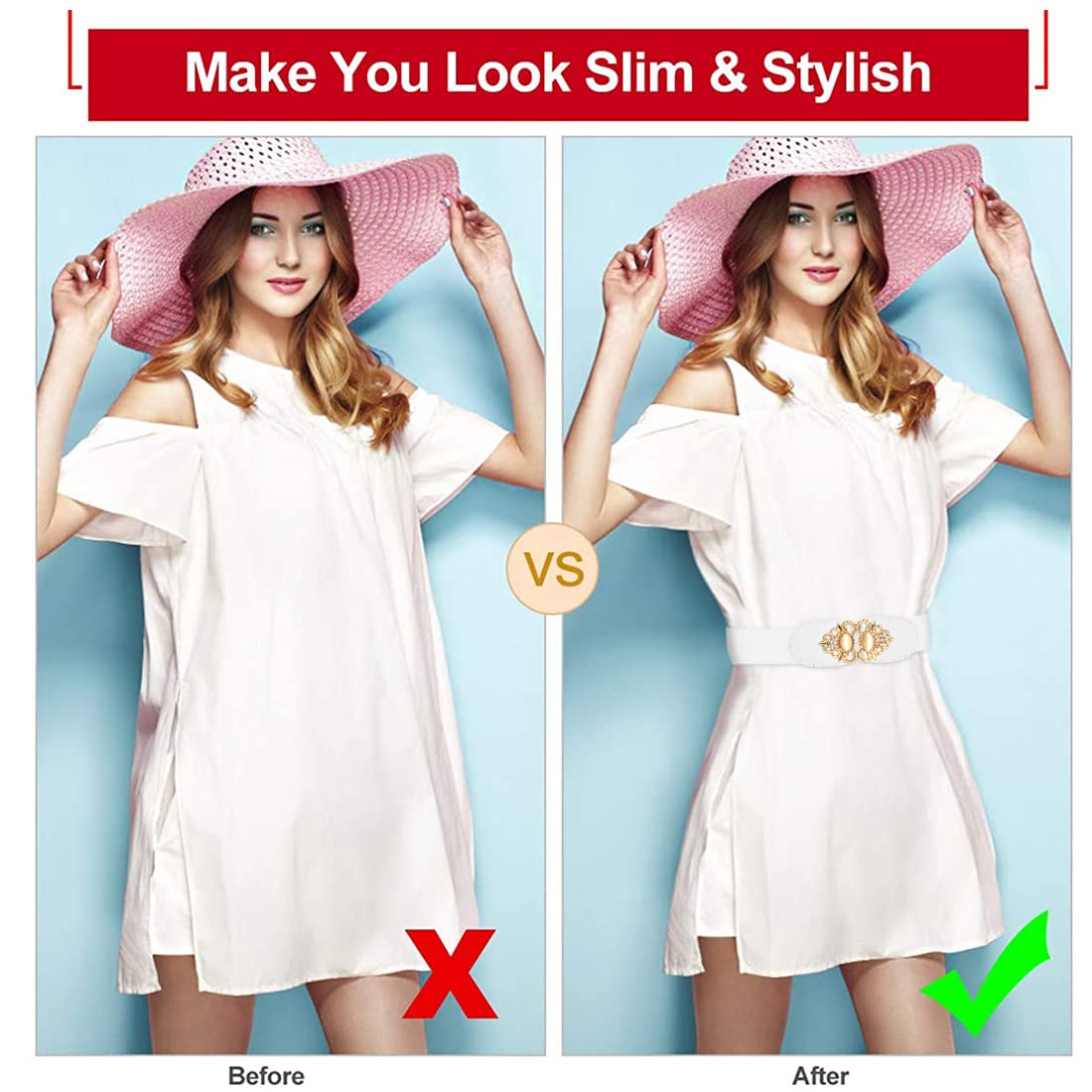 PALAY White Elastic Waist Belt for Dresses and Jeans with 4 cm Width Metal Interlocking Buckle | Adjustable 23.6–31.4 in for Women