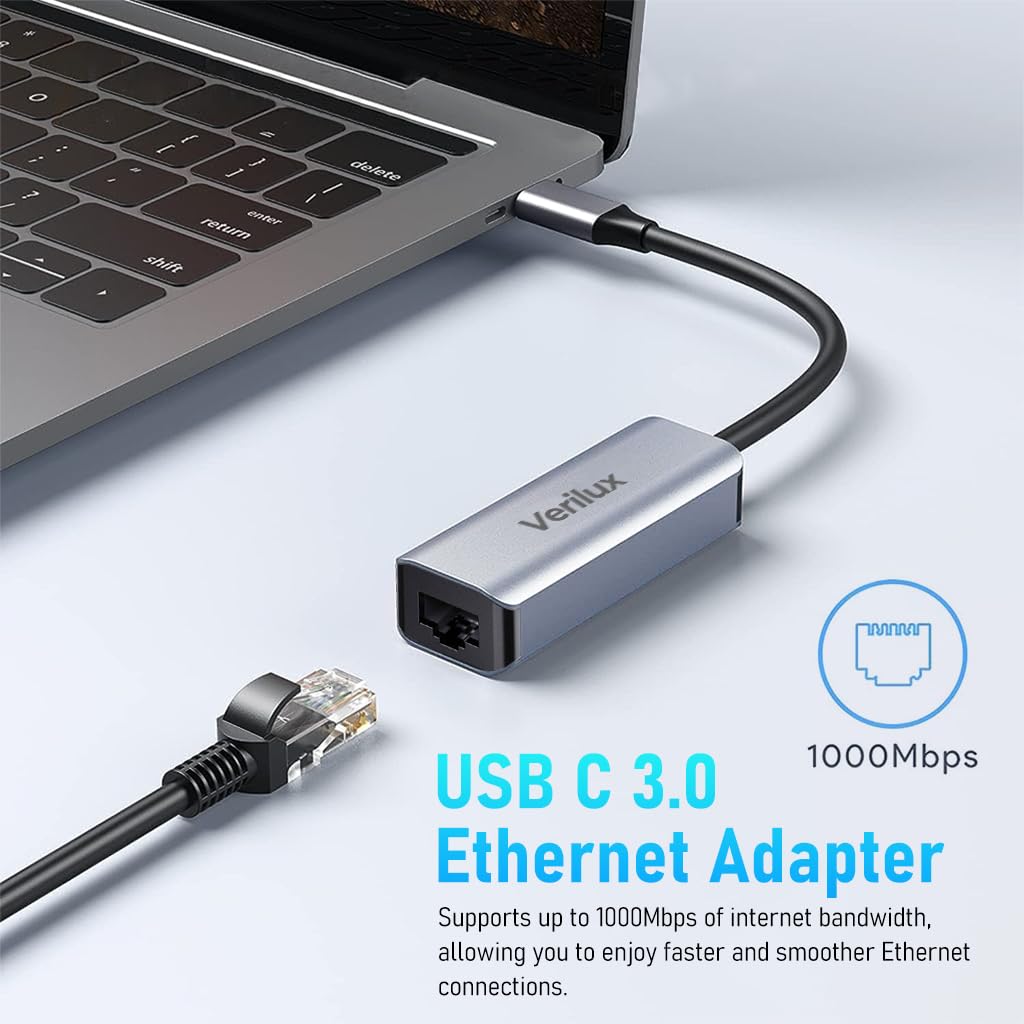 Verilux® USB C to Ethernet Adapter, Type-C to RJ45 Gigabit Ethernet Adapter, Thunderbolt 3 to RJ45 LAN Network Adapter Compatible for MacBook Pro 2017 and More, MacBook Air, Dell XPS