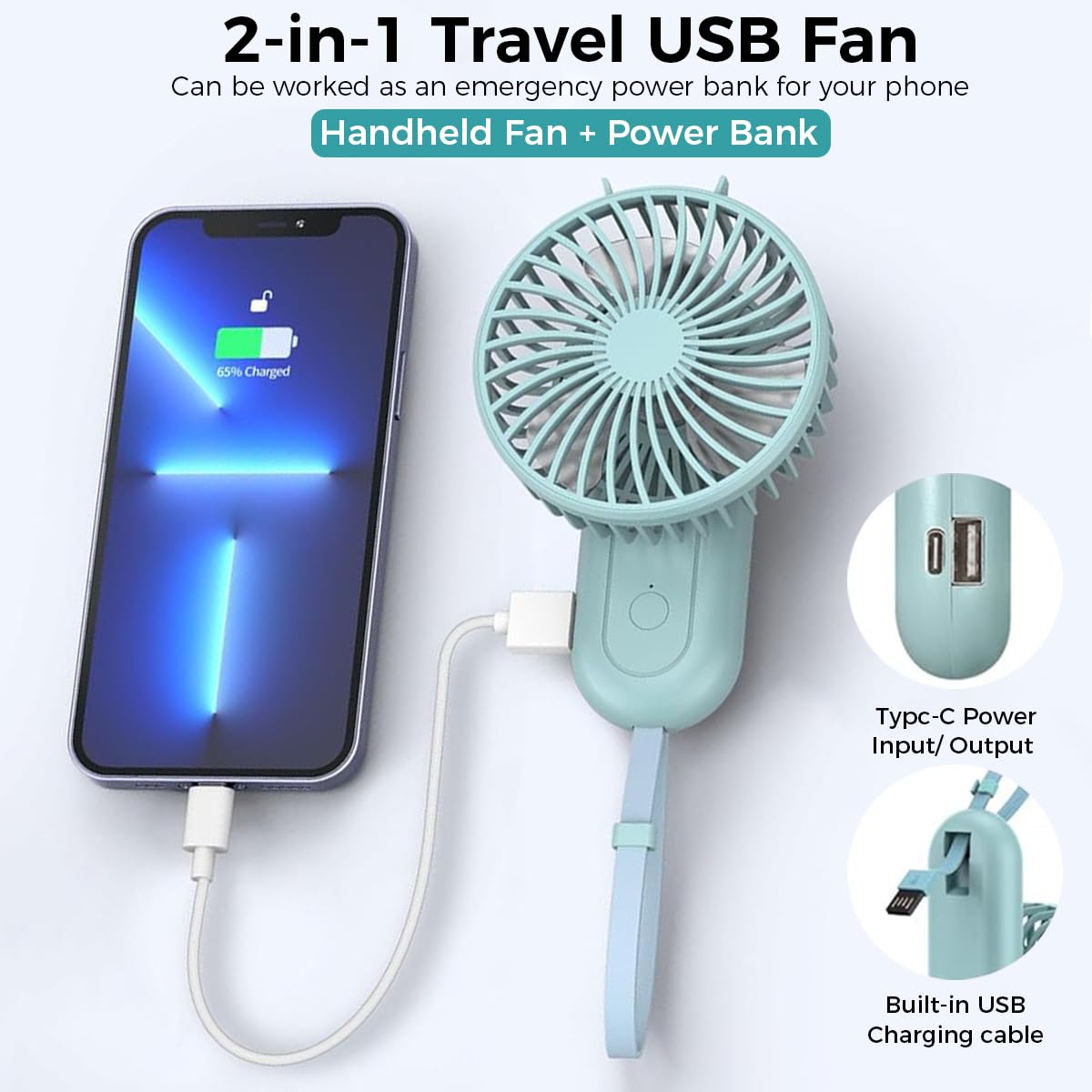 HASTHIP® USB Portable Fan USB Mini Handheld Fan with Charging Function 2 in 1 Travel USB Mini Fan 4 Switchable Speeds Sleek Folding Pocket Fan with Stand Base, Green